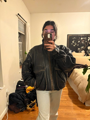 Men black leather bomber - leather,